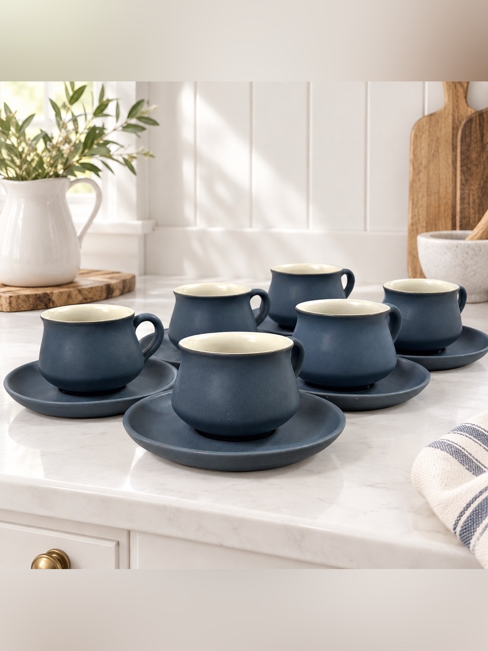 Vintage Denby Langley Echo Blue Cups Saucers Set 6 England 1963-74 MCM